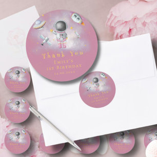 宇宙女子ピンクのロケットスター宇宙飛行士1st誕生日 ラウンドシール