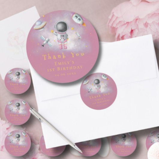 宇宙女子ピンクのロケットスター宇宙飛行士1st誕生日 ラウンドシール