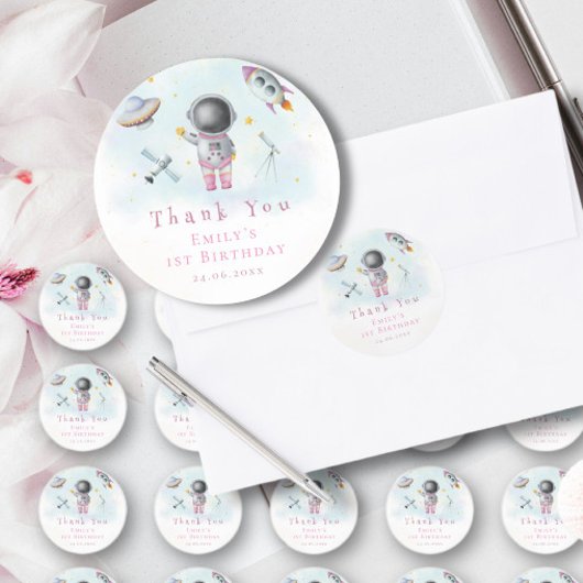 宇宙女子ピンクのロケットスター宇宙飛行士1st誕生日 ラウンドシール