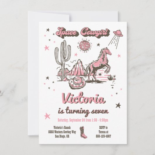 宇宙女性のカーボーイウェスタンバースデーパーティー 招待状 (正面)