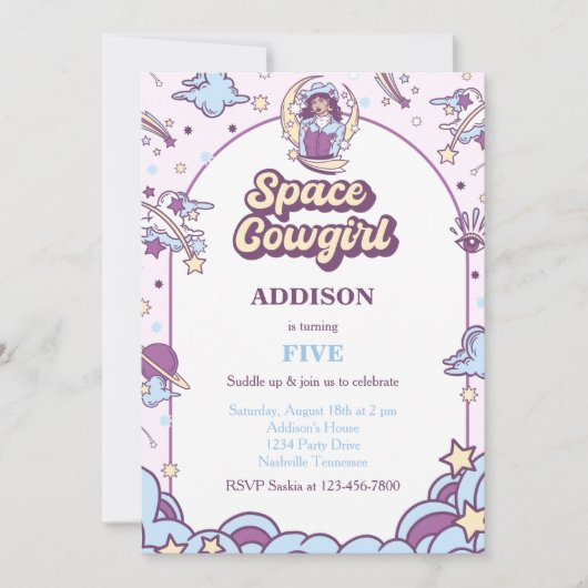 宇宙女性のカーボーイウェスタン誕生日招待状 招待状 (正面)