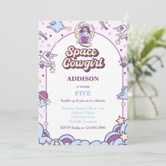 宇宙女性のカーボーイウェスタン誕生日招待状 招待状 (スタンド正面)
