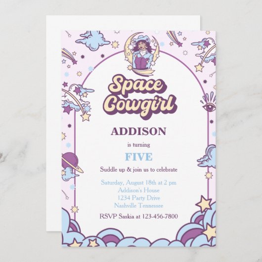 宇宙女性のカーボーイウェスタン誕生日招待状 招待状 (正面/裏面)