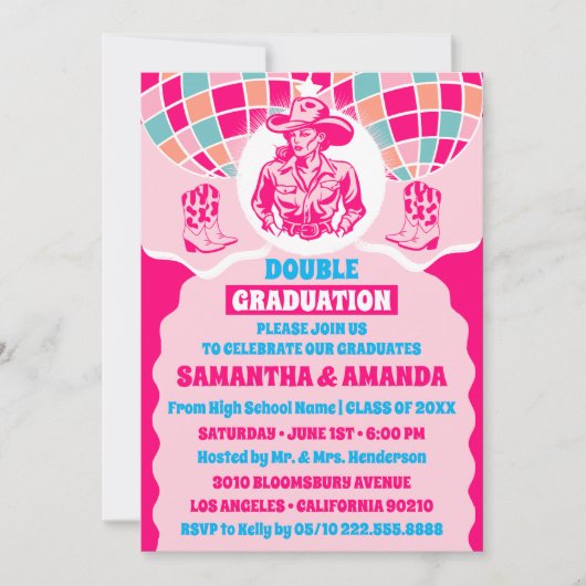 宇宙女性のカーボーイダブル卒業パーティ招待状 招待状 (正面)