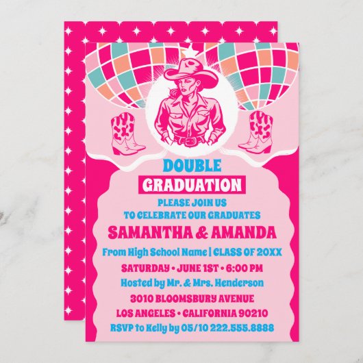 宇宙女性のカーボーイダブル卒業パーティ招待状 招待状 (正面/裏面)