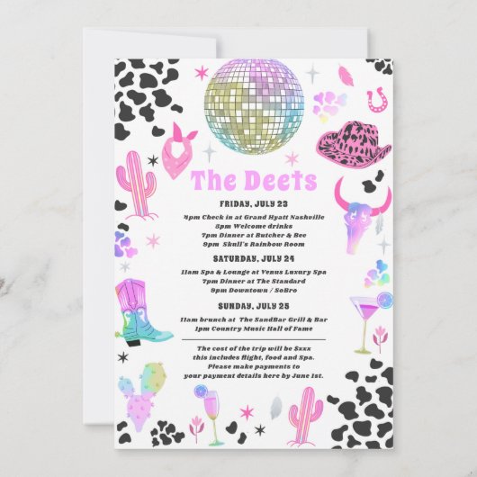 宇宙女性のカーボーイバチェロレッテ週末の日程 招待状 (裏面)
