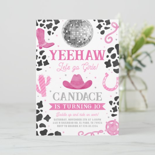 宇宙女性のカーボーイピンクディスコ誕生日パーティー招待状 招待状 (スタンド正面)
