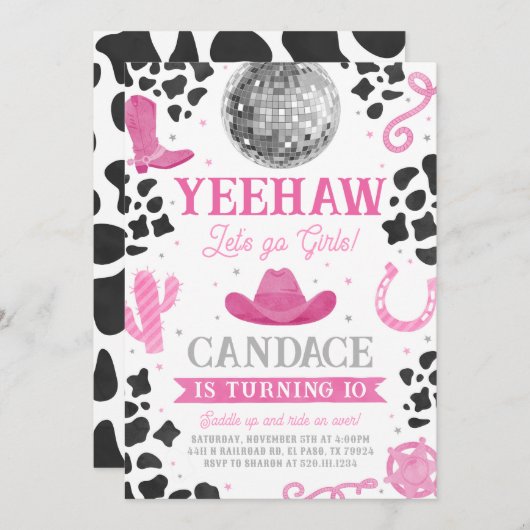 宇宙女性のカーボーイピンクディスコ誕生日パーティー招待状 招待状 (正面/裏面)