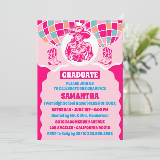 宇宙女性のカーボーイ卒業パーティー招待状 招待状 (スタンド正面)