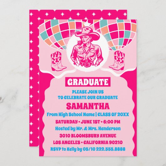 宇宙女性のカーボーイ卒業パーティー招待状 招待状 (正面/裏面)