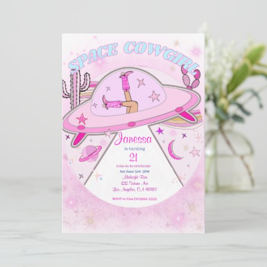 宇宙女性のカーボーイ誕生日パーティーの招待！ 招待状 (スタンド正面)