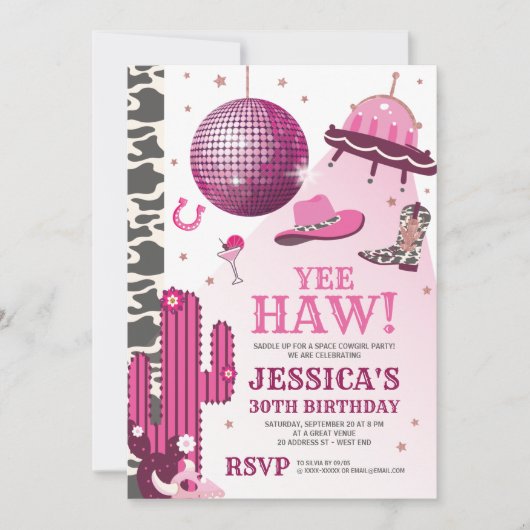宇宙女性のカーボーイ誕生日パーティー 招待状 (正面)