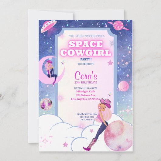 宇宙女性のカーボーイ誕生日招待状 招待状 (正面)