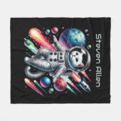 宇宙好きな猫好きの名前入り フリースブランケット (正面(横))