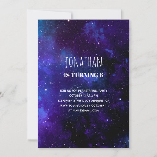 宇宙子供の誕生日。プラネタリウムパーティー。ネイビー 招待状 (正面)