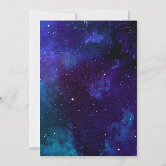 宇宙子供の誕生日。プラネタリウムパーティー。ネイビー 招待状 (裏面)