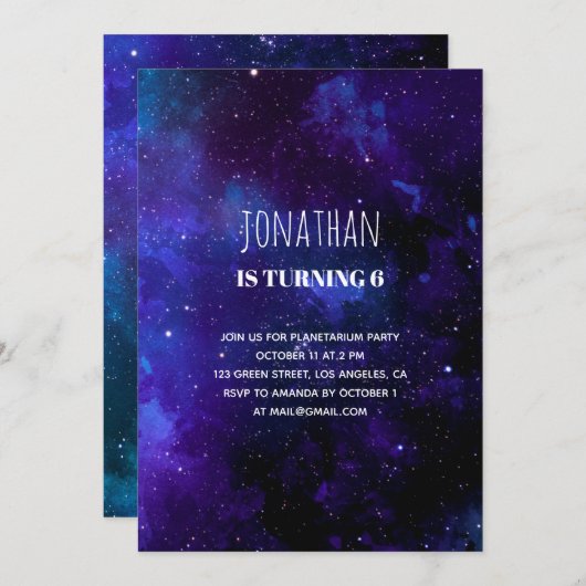 宇宙子供の誕生日。プラネタリウムパーティー。ネイビー 招待状 (正面/裏面)