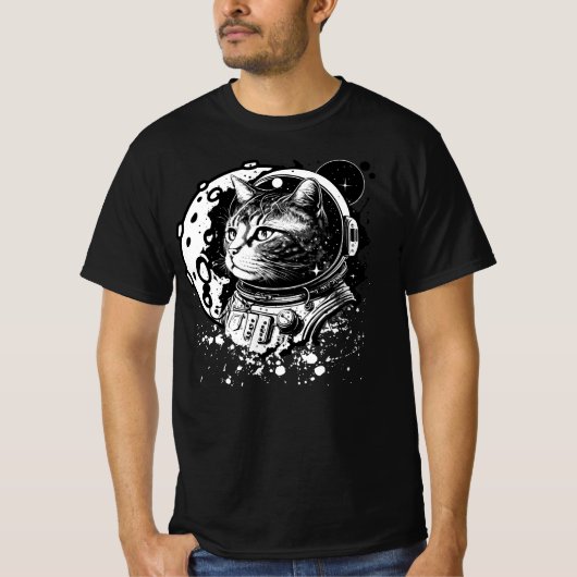 宇宙子猫と月。宇宙飛行士ネコ Tシャツ (正面)