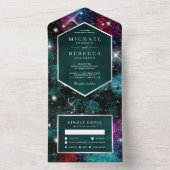 宇宙宇宙ティール(緑がかった色)レッドピンク銀河系結婚ズ オールインワン招待状 (内側)