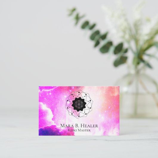 *宇宙宇宙神聖な幾何学の紫色のピンク 名刺 (スタンド正面)