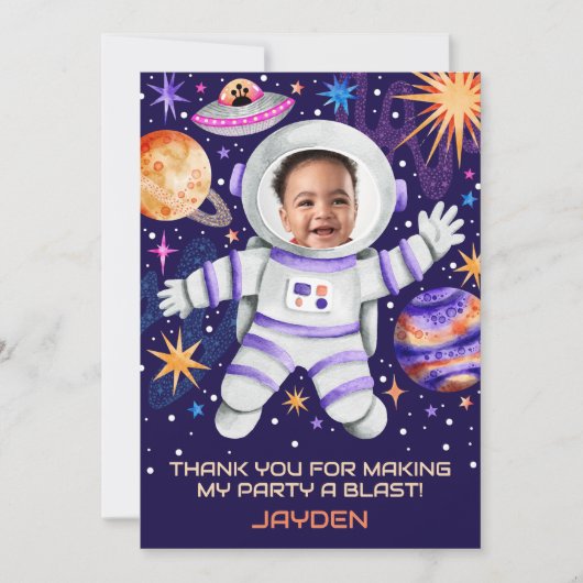 宇宙宇宙飛行士と惑星とUFO写真 サンキューカード (正面)