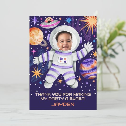 宇宙宇宙飛行士と惑星とUFO写真 サンキューカード (スタンド正面)