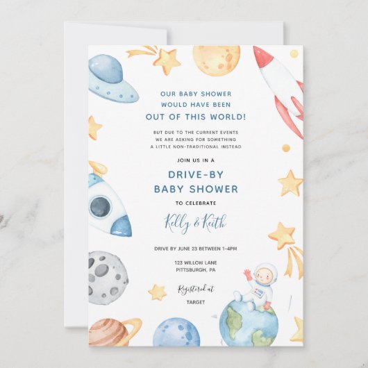 宇宙宇宙飛行士のドライブバイベビーシャワー招待状 招待状 (正面)