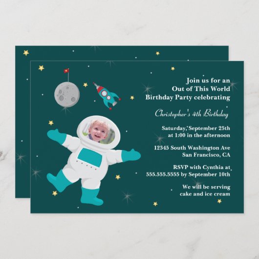 宇宙宇宙飛行士の写真誕生日パーティーの招待 招待状 (正面/裏面)
