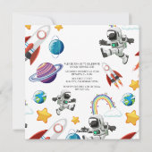 宇宙宇宙飛行士の最初の誕生日パーティーの招待 シーズンカード (裏面)