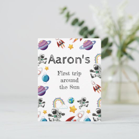 宇宙宇宙飛行士の最初の誕生日パーティーの招待 ポストカード (スタンド正面)