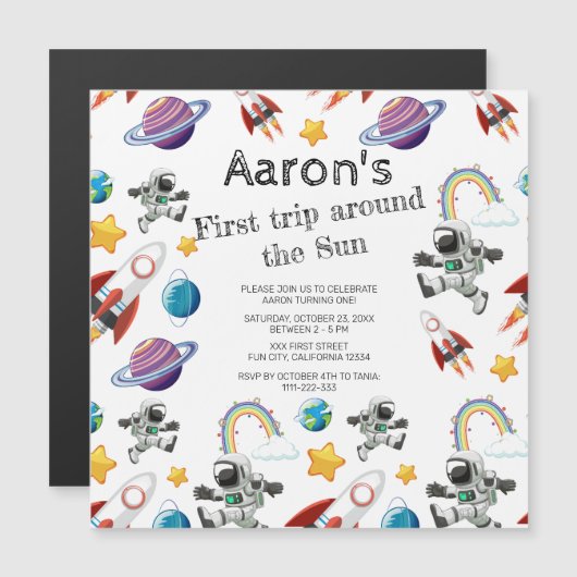 宇宙宇宙飛行士の最初の誕生日パーティーの招待 マグネット招待状 (正面/裏面)
