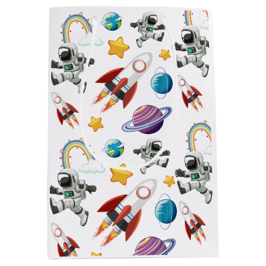 宇宙宇宙飛行士の最初の誕生日パーティーの招待 ミディアムペーパーバッグ (正面)