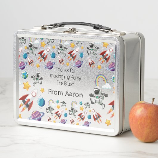 宇宙宇宙飛行士の最初の誕生日パーティーの招待 メタルランチボックス (インサイチュ)