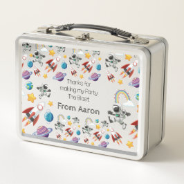 宇宙宇宙飛行士の最初の誕生日パーティーの招待 メタルランチボックス