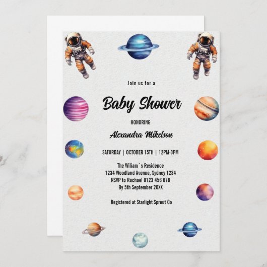 宇宙宇宙飛行士の赤ちゃんシャワー 招待状 (正面/裏面)
