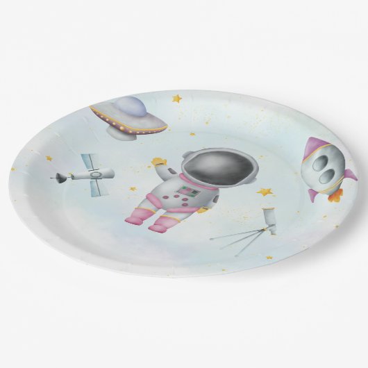 宇宙宇宙飛行士ガールピンクのロケット星赤ちゃんシャワー ペーパープレート (アングル)