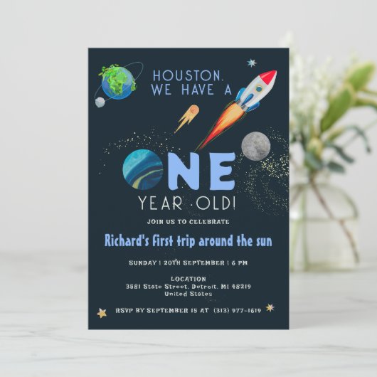 宇宙宇宙飛行士キッズカラフルおもしろい誕生会 招待状 (スタンド正面)