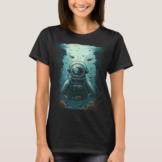宇宙宇宙飛行士ダイビング深いシースキューバダイバー Tシャツ (正面)
