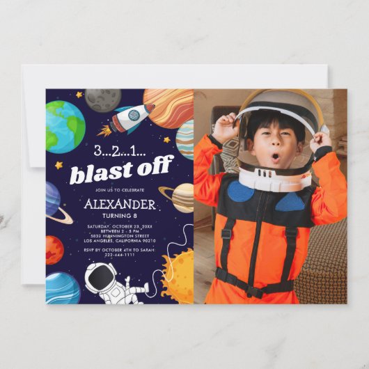 宇宙宇宙飛行士フォトバースデーパーティー 招待状 (正面)