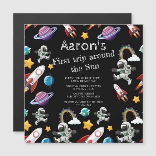 宇宙宇宙飛行士ブラックファースト・バースデーパーティー マグネット招待状 (正面/裏面)