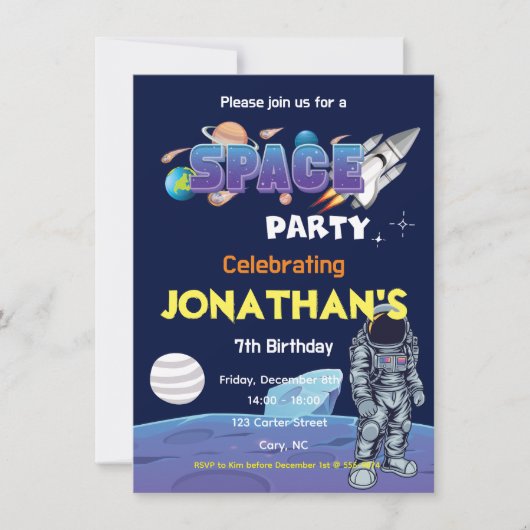 宇宙宇宙飛行士ボーイズ誕生日パーティー 招待状 (正面)