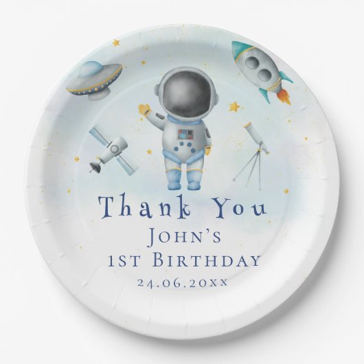 宇宙宇宙飛行士ボーイロケットufoスター誕生日 ペーパープレート (正面)