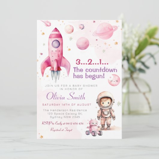 宇宙宇宙飛行士ロケット惑星ガールベビーシャワー 招待状 (スタンド正面)