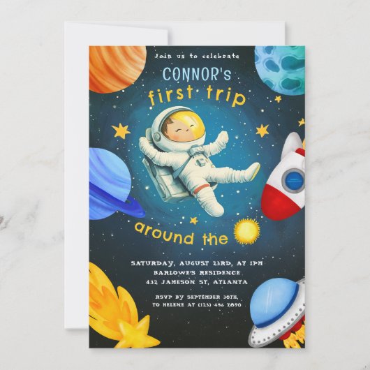 宇宙宇宙飛行士ロケット船惑星子供の誕生日 招待状 (正面)
