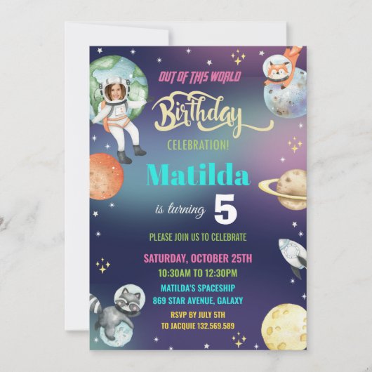 宇宙宇宙飛行士惑星ガール誕生日写真 招待状 (正面)