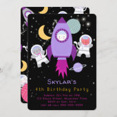 宇宙宇宙飛行士誕生日ピンク 招待状 (正面/裏面)