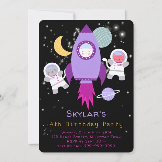 宇宙宇宙飛行士誕生日ピンク 招待状 (正面)