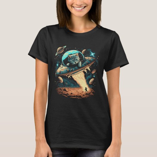 宇宙宇宙飛行士飛んでいる猫Ufoエイリアン銀河系子猫 Tシャツ (正面)