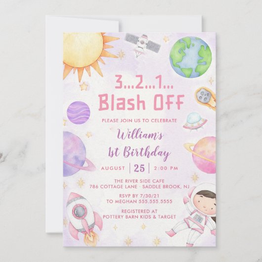 宇宙宇宙飛行士1歳の誕生日パーティー 招待状 (正面)