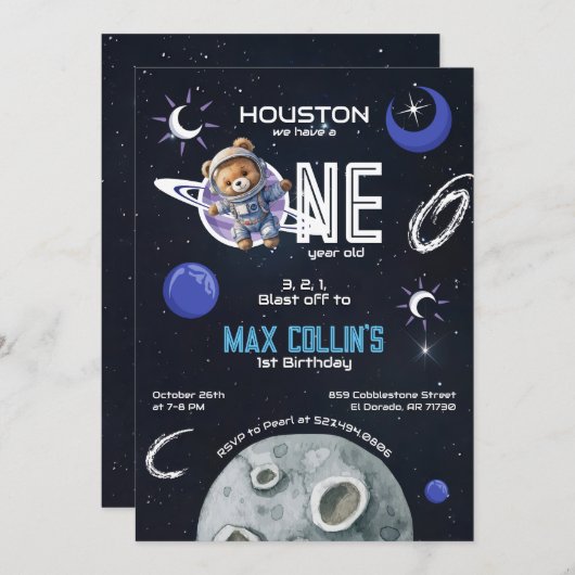 宇宙宇宙飛行士1歳の誕生日招待状 招待状 (正面/裏面)